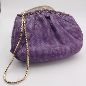 Vtg Judith Leiber Purple Snakeskin Gem Clasp Medium Clutch Crossbody Evening Bag